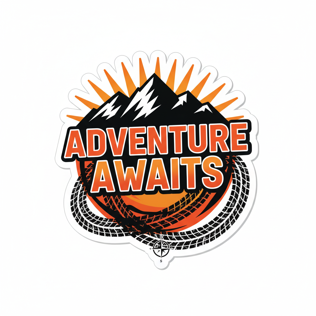 Die-cut sticker reading Adventure Awaits over mountains, sun rays, tire tracks, and a compass