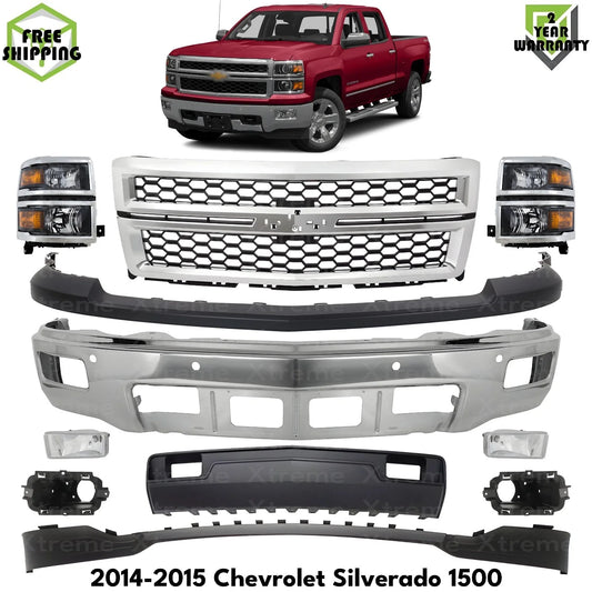 Front Bumper Chrome Steel & Headlight Kit For 2014-2015 Chevrolet Silverado 1500