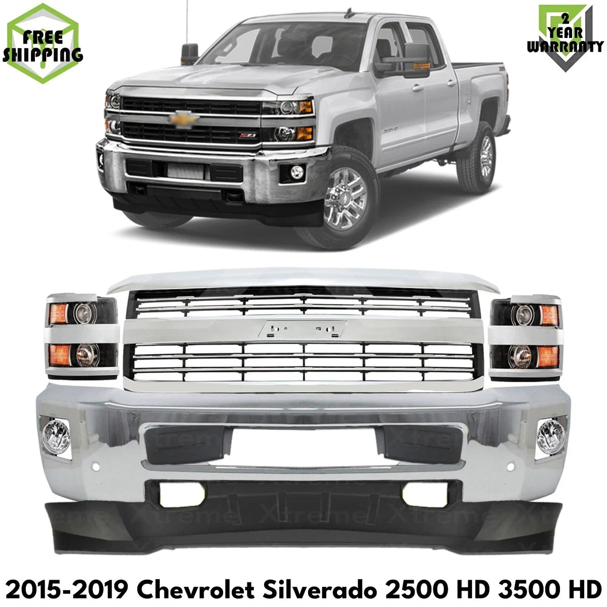 Bumper Chrome & Headlight Kit For 2015-2019 Chevrolet Silverado 2500 HD 3500 HD