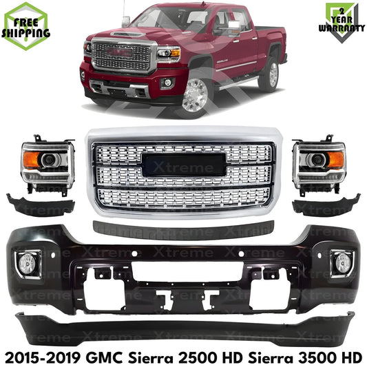 Front Bumper Paintable & Headlights Kit For 2015-2019 GMC Sierra 2500 HD 3500 HD