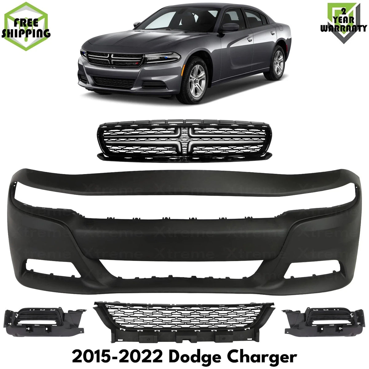 Front Bumper Cover Paintable & Grille Assembly Kit Fits 2015-2022 Dodge Charger