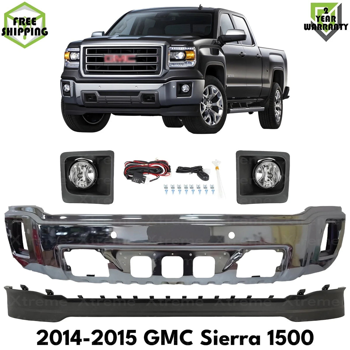 Front Bumper Chrome Steel & Fog Lights Kit Fits 2014-2015 GMC Sierra 1500
