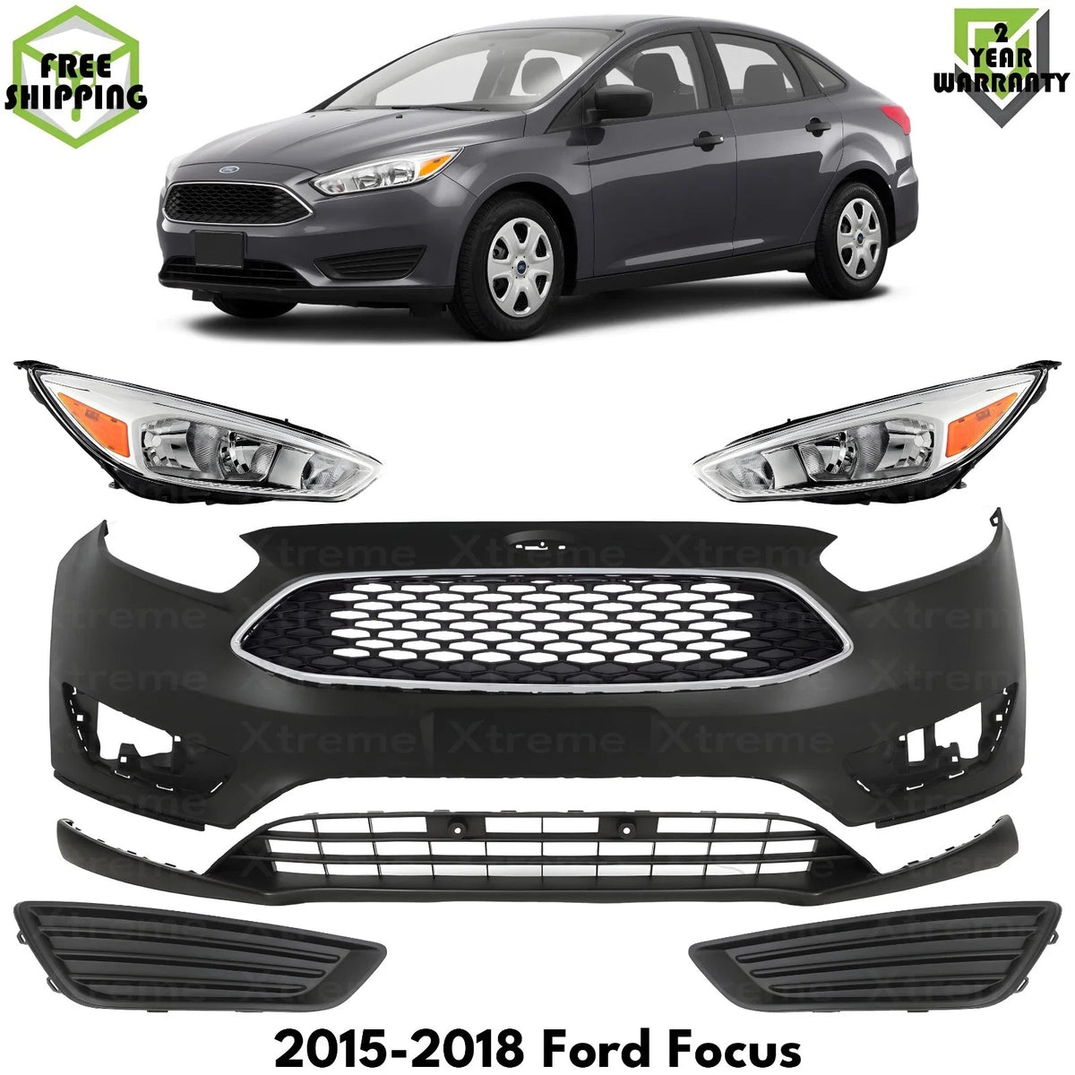 Front Bumper Cover Primed Plastic & Headlights Kit Fits 2015-2018 Ford Focus
