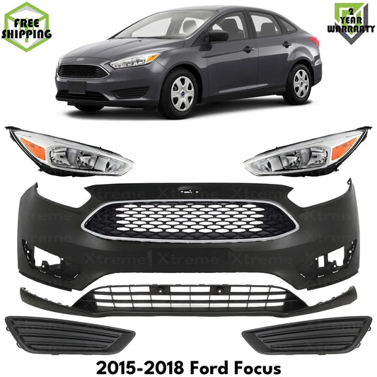 Front Bumper Cover Primed Plastic & Headlights Kit Fits 2015-2018 Ford Focus