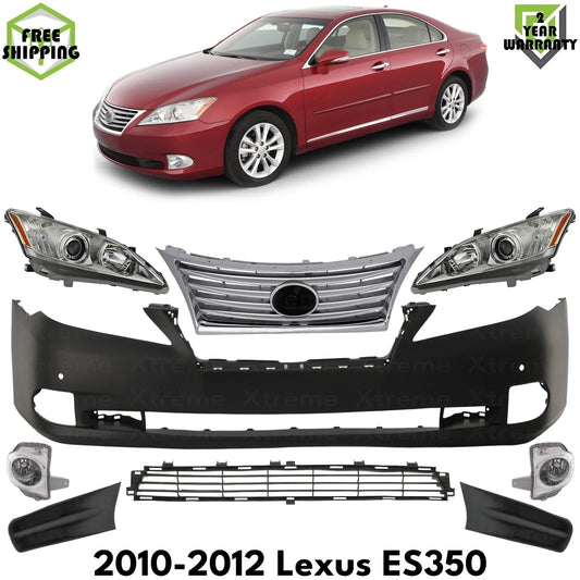 Front Bumper Cover Primed Plastic & Headlights Kit Fits 2010-2012 Lexus ES350