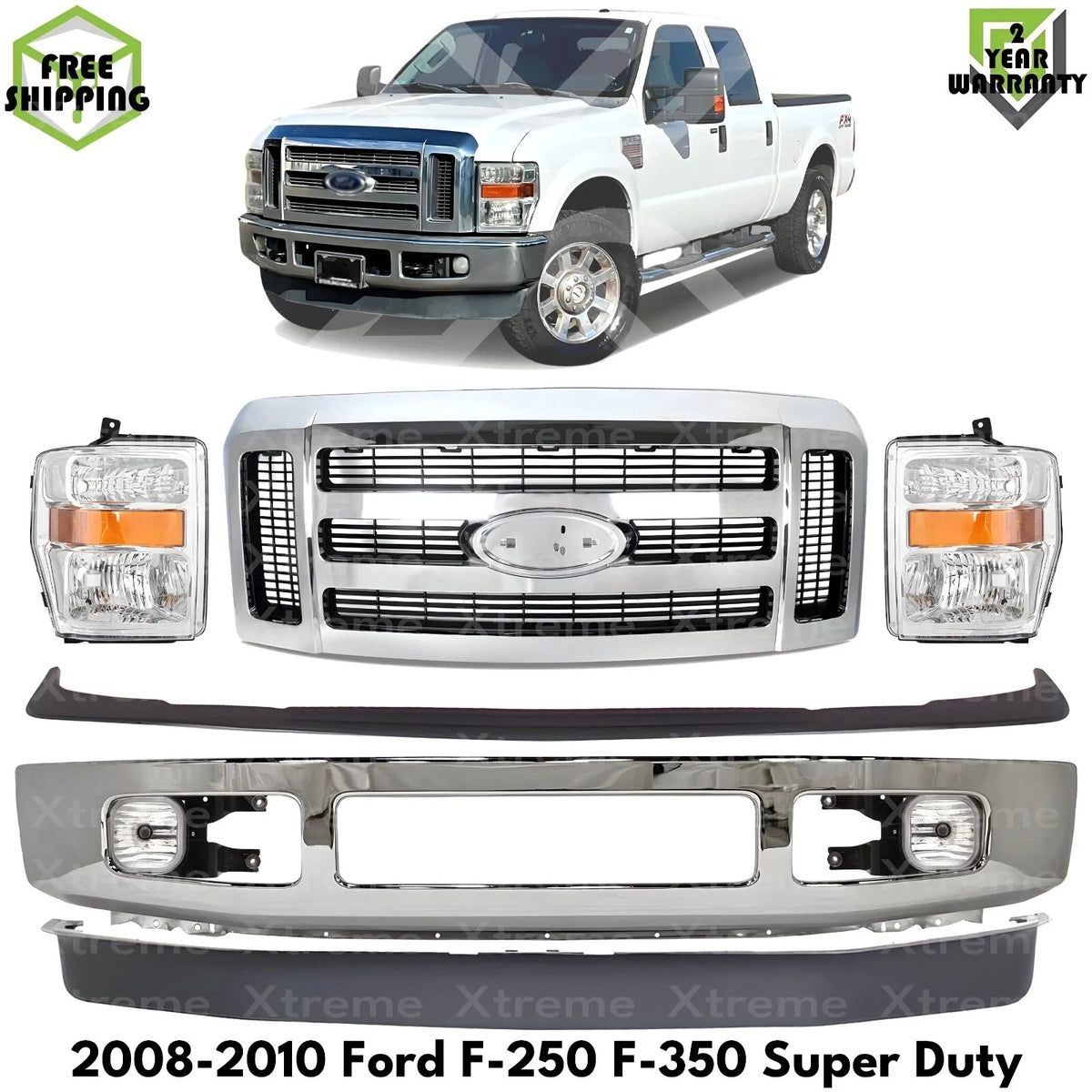 Front Bumper Chrome Steel & Headlights Fits 2008-10 Ford F-250 F-350 Super Duty