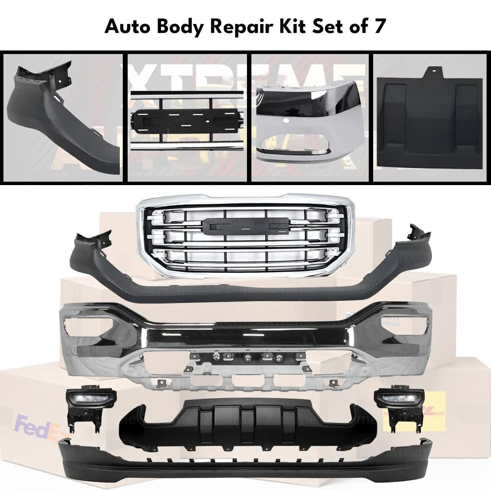 Front Bumper Chrome & Fog Lights Assembly Kit Fits 2016-2018 GMC Sierra 1500