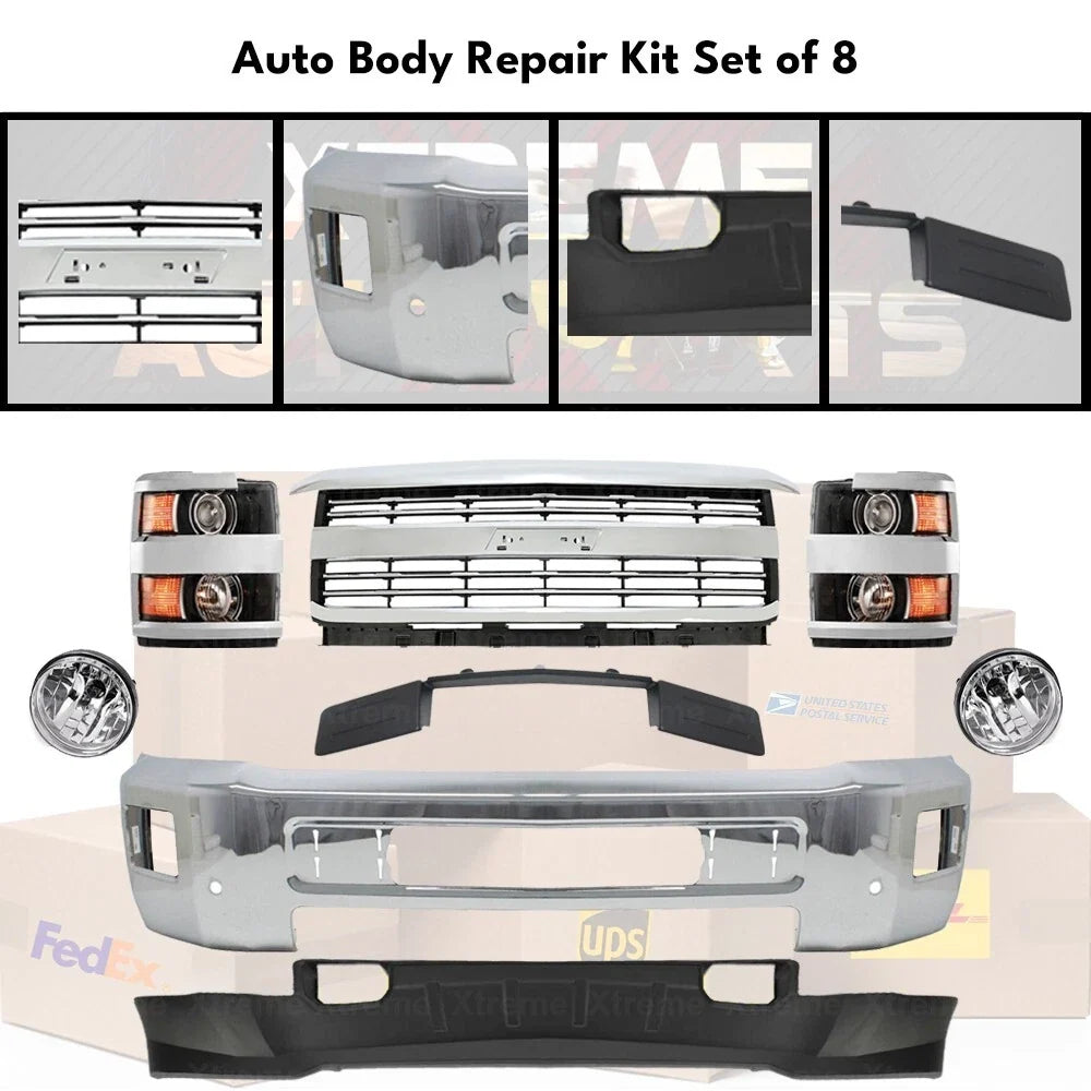 Bumper Chrome & Headlight Kit For 2015-2019 Chevrolet Silverado 2500 HD 3500 HD