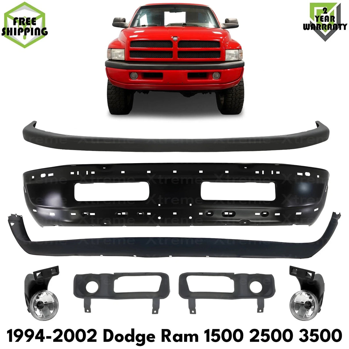 Front Bumper Primed Steel & Fog Lights Kit Fits 1994-2002 Dodge Ram 1500 2500
