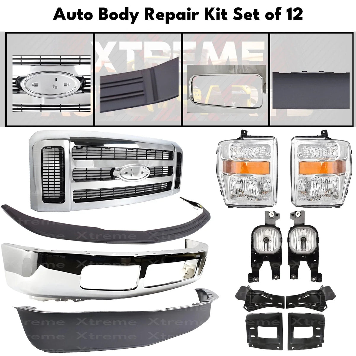 Front Bumper Chrome Steel & Headlights Fits 2008-10 Ford F-250 F-350 Super Duty