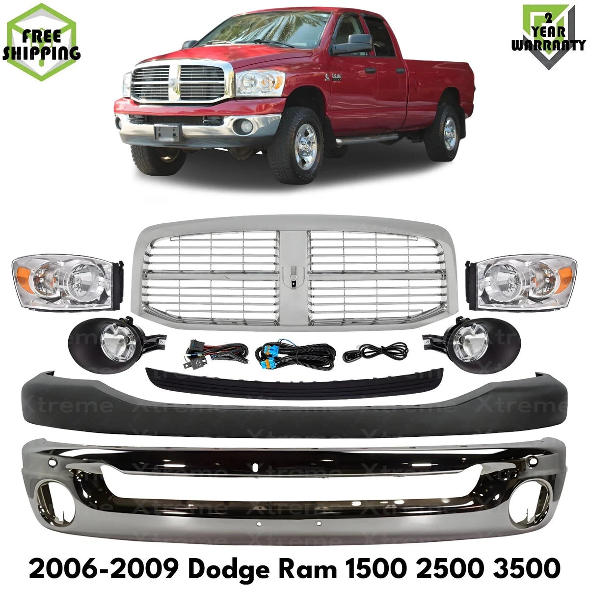 Front Bumper Chrome Steel & Headlight Kit For 2006-2009 Dodge Ram 1500 2500 3500