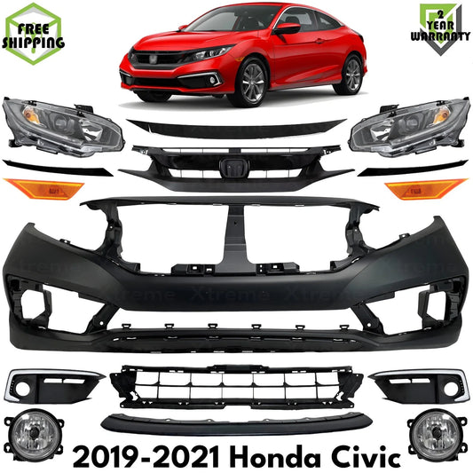 Front Bumper Cover Primed Plastic & Headlights Kit Fits 2019-2021 Honda Civic