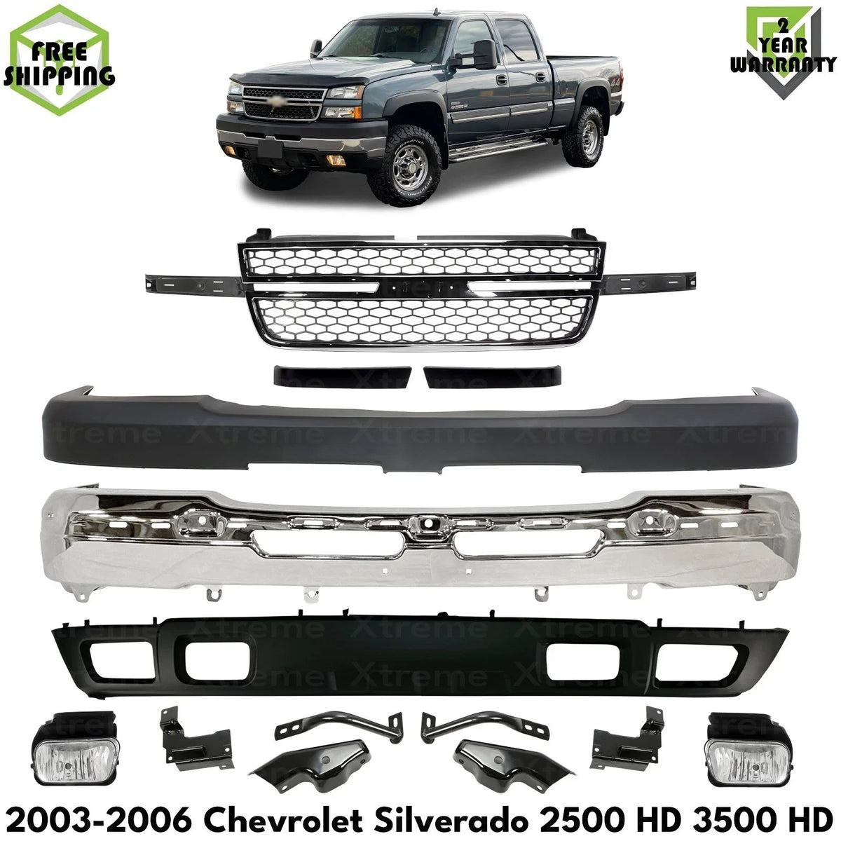 Front Bumper Chrome & Fog Lights Kit Fits 2003-2006 Chevy Silverado 2500 HD 3500