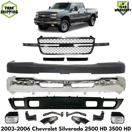 Front Bumper Chrome & Fog Lights Kit Fits 2003-2006 Chevy Silverado 2500 HD 3500