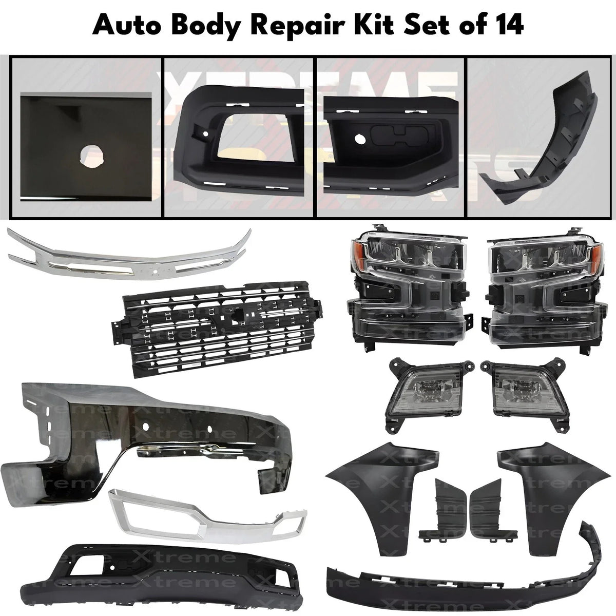 Front Bumper Chrome & Headlights Kit For 2019-2022 Chevrolet Silverado 1500