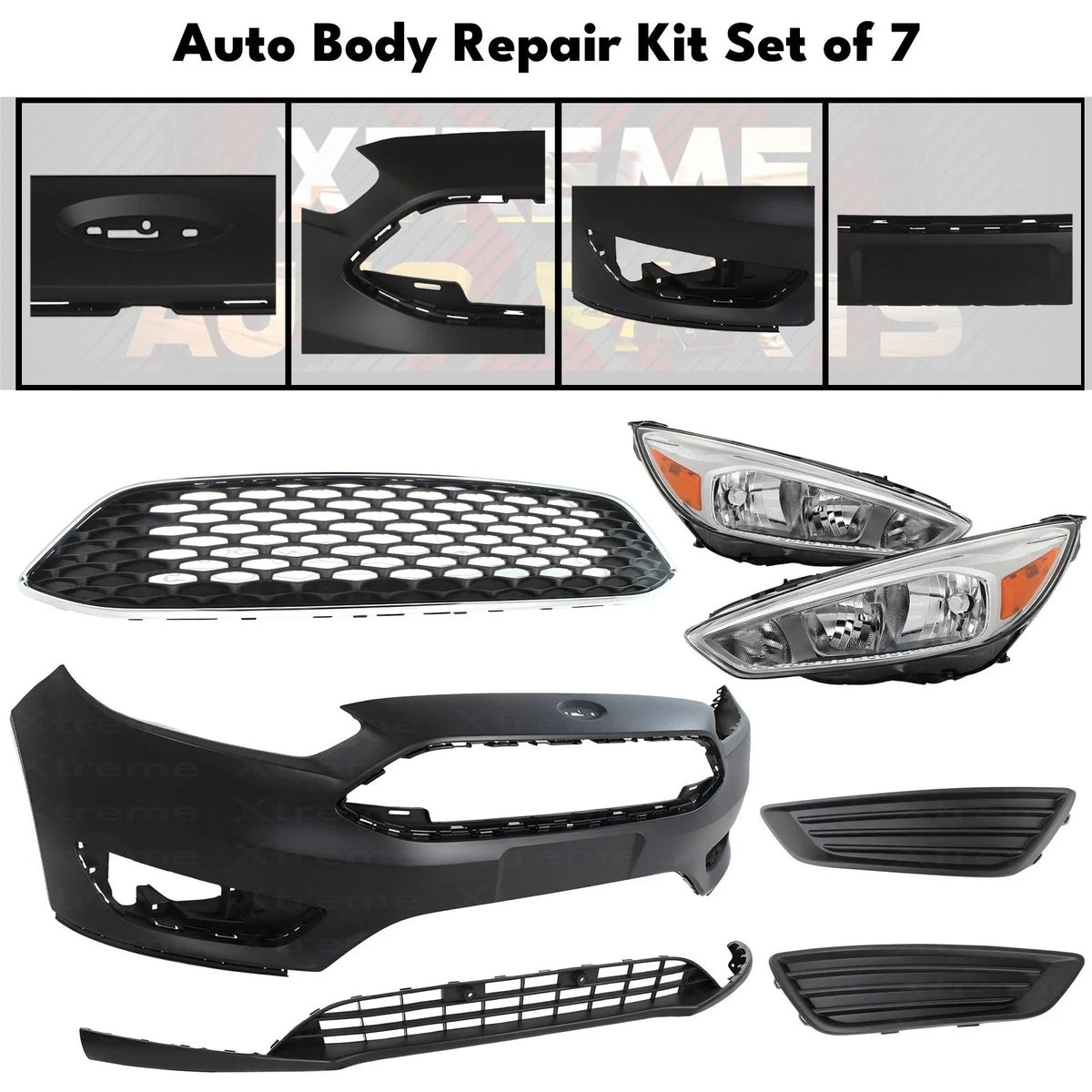 Front Bumper Cover Primed Plastic & Headlights Kit Fits 2015-2018 Ford Focus