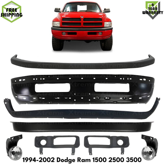 Front Bumper Primed Steel & Fog Lights Kit For 1994-2002 Dodge Ram 1500 2500