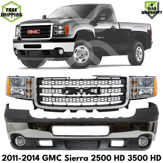 Front Bumper Chrome & Headlights Kit Fits 2011-2014 GMC Sierra 2500 HD & 3500 HD