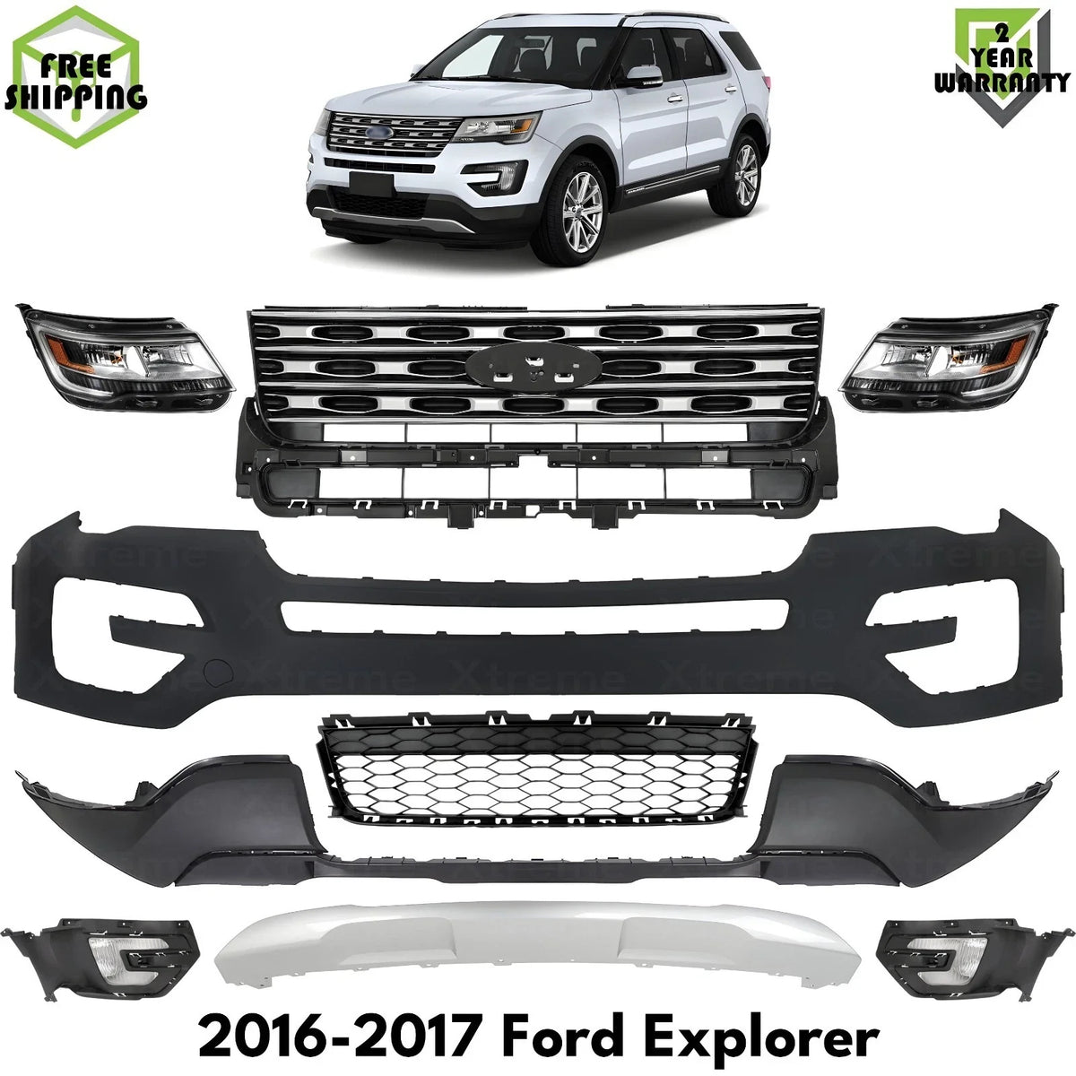Front Bumper Cover Primed & Headlights Assembly Kit For 2016-2017 Ford Explorer