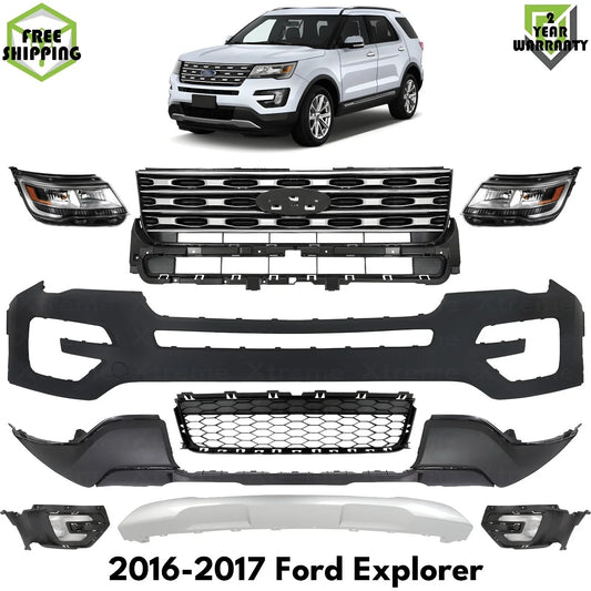 Front Bumper Cover Primed & Headlights Assembly Kit For 2016-2017 Ford Explorer