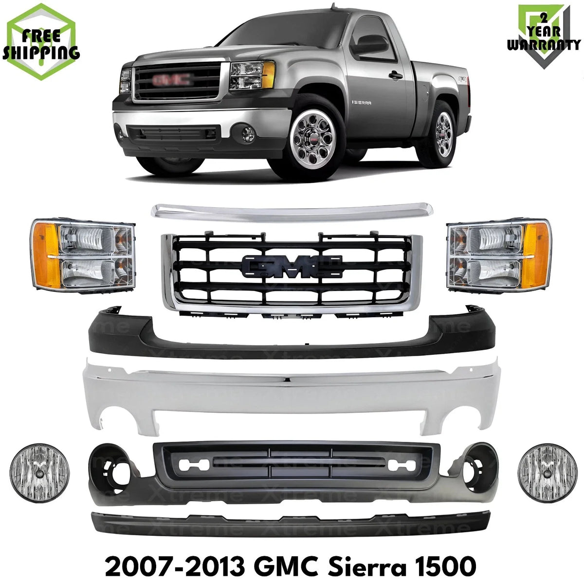 Front Bumper Chrome & Headlights Assembly Kit Fits 2007-2013 GMC Sierra 1500