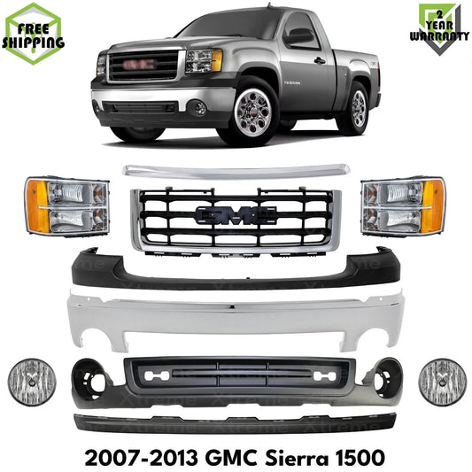 Front Bumper Chrome & Headlights Assembly Kit Fits 2007-2013 GMC Sierra 1500