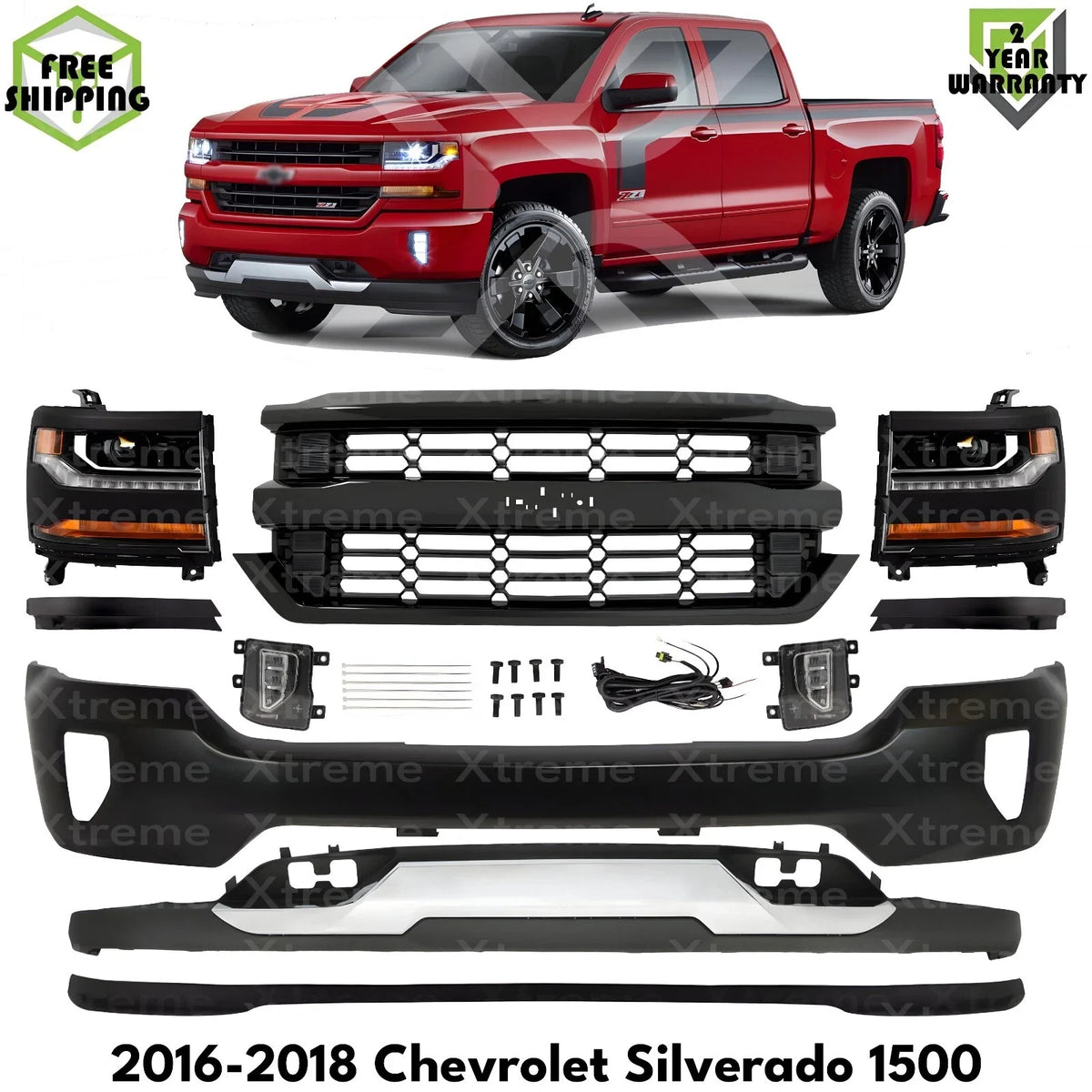 Front Bumper Primed & Headlights Assembly Kit For 2016-2018 Chevy Silverado 1500