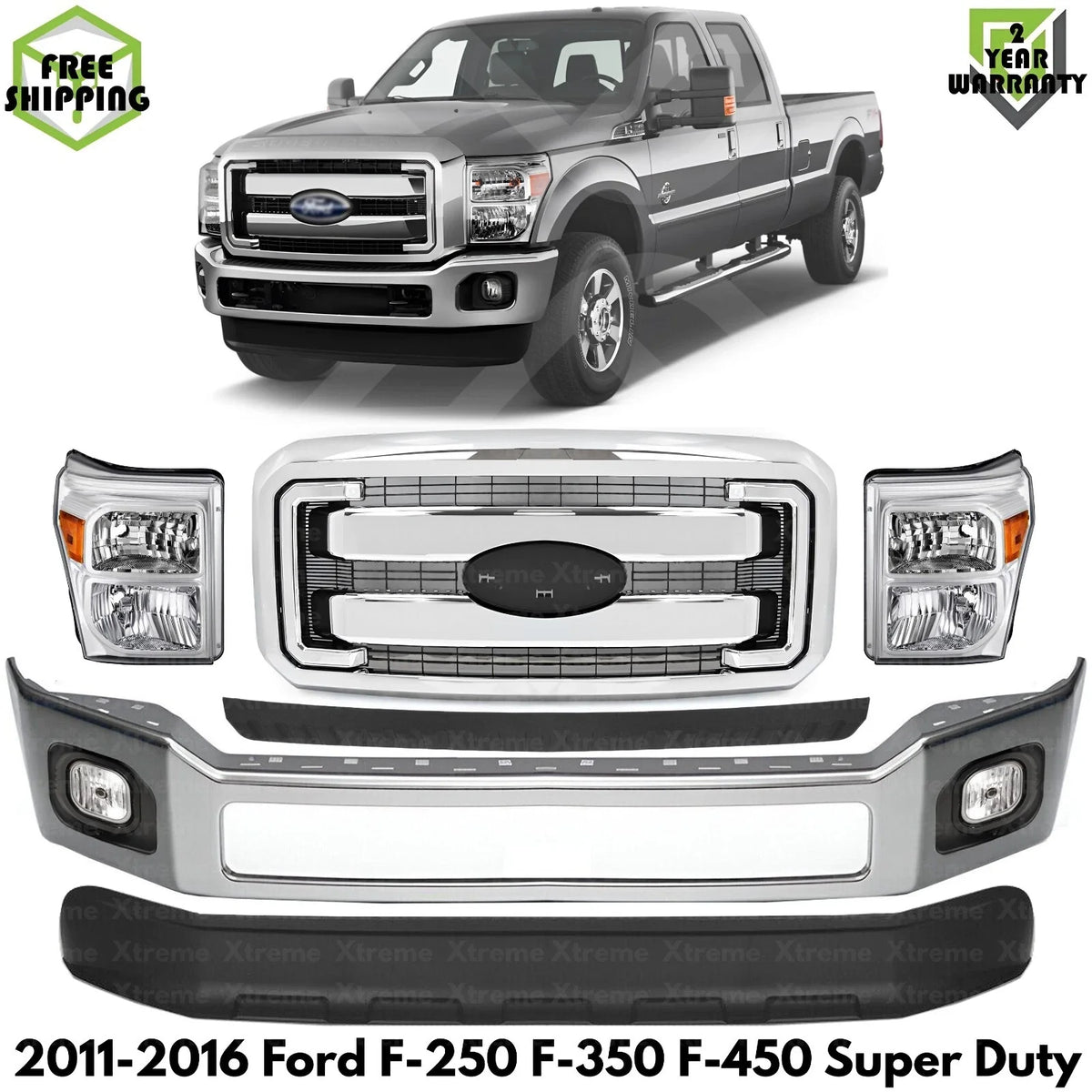 Front Bumper Chrome & Headlights Kit Fits 2011-2016 Ford F-Series Super Duty