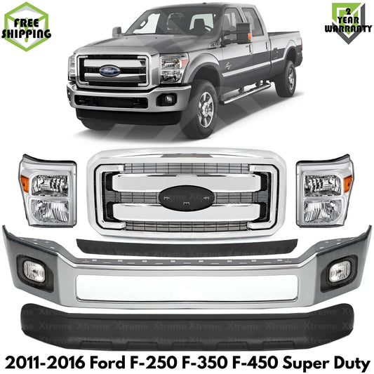 Front Bumper Chrome & Headlights Kit Fits 2011-2016 Ford F-Series Super Duty