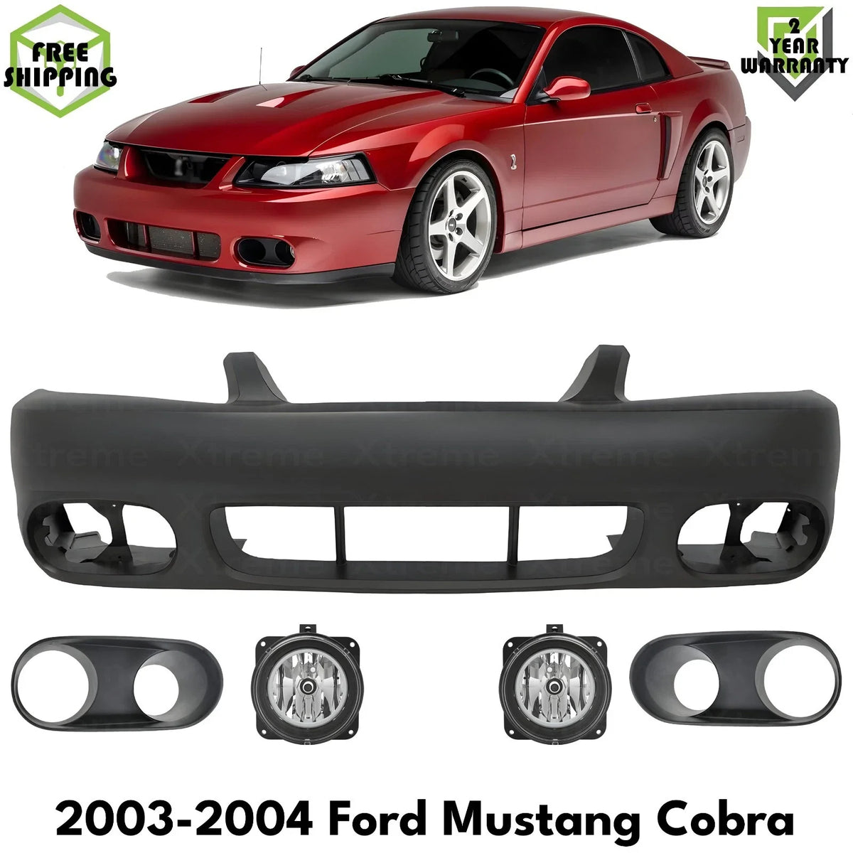 Front Bumper Cover Primed Plastic & Fog Lights Fits 2003-2004 Ford Mustang Cobra