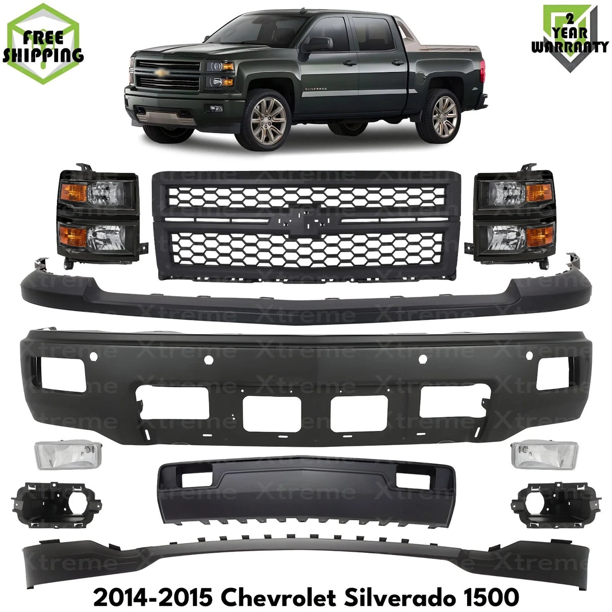 Front Bumper Paintable & Headlights Kit Fits 2014-2015 Chevrolet Silverado 1500