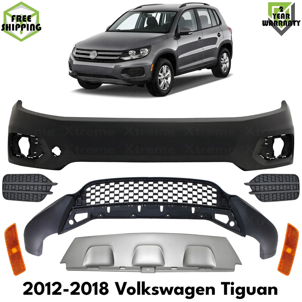 Front Bumper Cover Primed & Fog Lights Cover Kit For 2012-2018 Volkswagen Tiguan